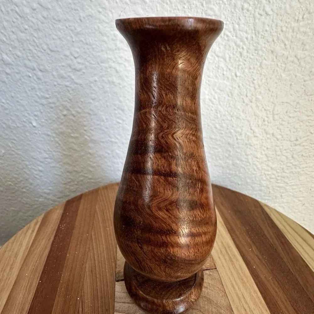 VTG Artisan Crafted Handmade Banded Wood Grain Vase 5.875 Inch Signed MCM Smooth